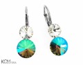 Białe i zielone kolczyki angielskie dwa kryształy okrągłe, srebro 925, kryształy Swarovski®
