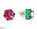 Opalizujące zielono czerwone kolczyki sztyfty kostki, srebro 925, kryształy Swarovski®