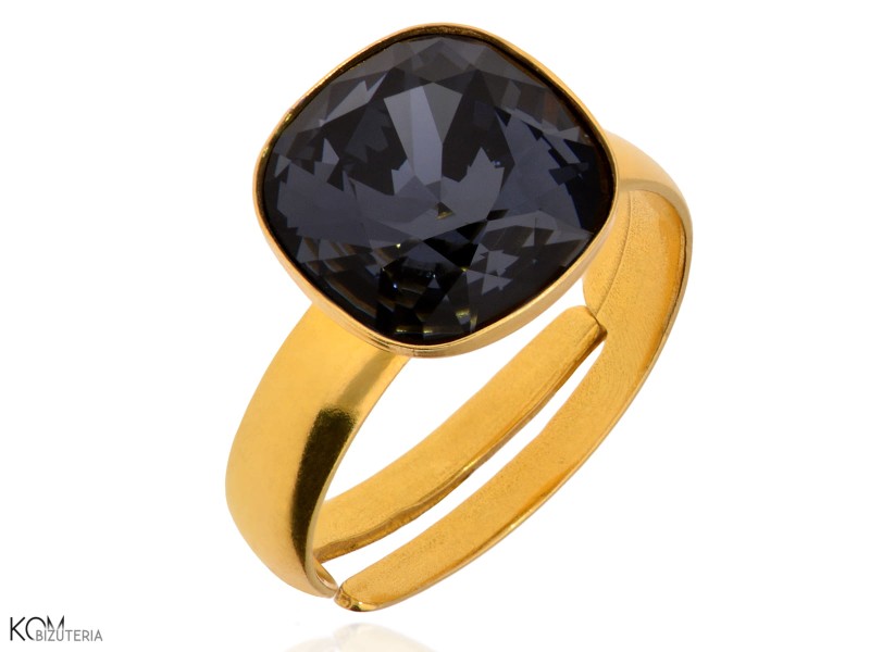 pozlacany srebrny pierscionek z czarnym grafitowym kwadratowym krysztalem swarovski graphite ring