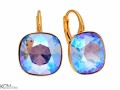 Fioletowo niebieskie błyszczące kwadratowe kolczyki angielskie, kryształ Swarovski® kwadrat, pozłacane srebro 925