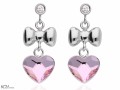 Jasne różowe wiszące kolczyki kokardka i serce, srebro 925, cyrkonie, kryształy Swarovski® serca