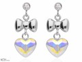 Opalizujące wiszące kolczyki kokardka i serce, srebro 925, cyrkonie, kryształy Swarovski® serca