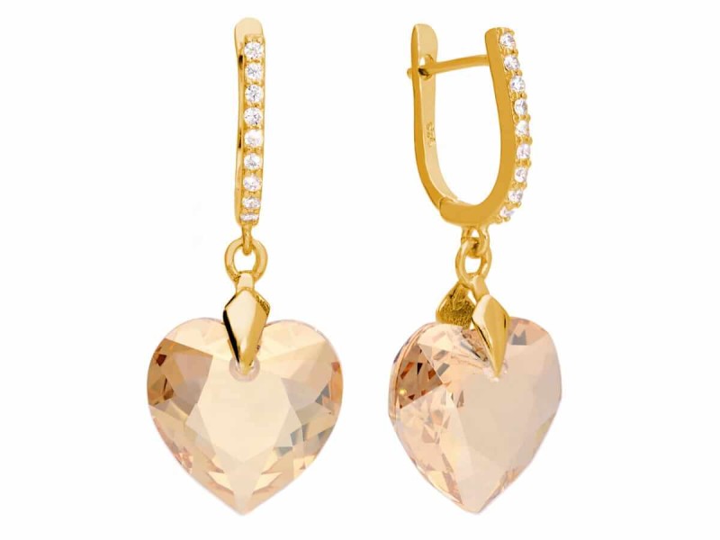 Beżowe kolczyki z cyrkoniami i sercami Swarovski®, pozłacane srebro 925