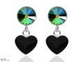 Czarne i zielone kolczyki wiszące serce i oczko, kryształ Swarovski®, srebro 925