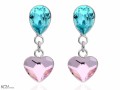 Turkusowe i różowe wiszące kolczyki kropla i serce, kryształ Swarovski®, srebro 925