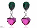 Zielone i różowe wiszące kolczyki kropla i serce, kryształ Swarovski®, srebro 925