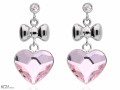 Różowe wiszące kolczyki kokardka i duże serce, srebro 925, cyrkonie, kryształy Swarovski® serca