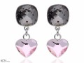 Czarne i jasne różowe wiszące kolczyki kwadraty i serca , srebro 925, kryształy Swarovski® kwadrat, serce