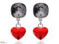 Czarne i czerwone wiszące kolczyki kwadraty i serca , srebro 925, kryształy Swarovski® kwadrat, serce
