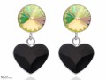 Opalizujące zielone i czarne kolczyki wiszące duże serce i oczko, kryształ Swarovski®, srebro 925