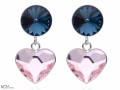 Granatowe i jasne różowe kolczyki wiszące duże serce i oczko, kryształ Swarovski®, srebro 925