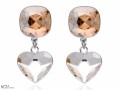 Beżowe i białe wiszące kolczyki kwadraty i serca , srebro 925, kryształy Swarovski® kwadrat, serce