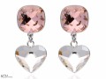 Różowe i białe wiszące kolczyki kwadraty i serca , srebro 925, kryształy Swarovski® kwadrat, serce
