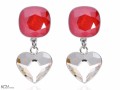 Czerwone i białe wiszące kolczyki kwadraty i serca , srebro 925, kryształy Swarovski® kwadrat, serce