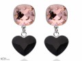 Różowe i czarne wiszące kolczyki kwadraty i serca , srebro 925, kryształy Swarovski® kwadrat, serce