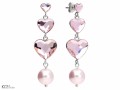 Różowe długie, wiszące kolczyki z sercami i perełkami, srebro 925, kryształy i perełki Swarovski®