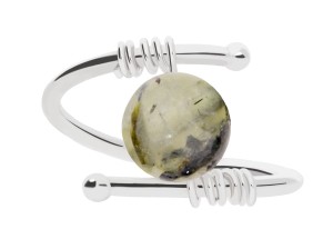 Silver ring with natural light green rutilated prehnite stone