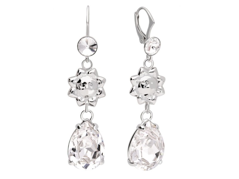 Białe wiszące kolczyki z błyszczącym kryształem łezka i słoneczkiem, kryształ Swarovski ®, srebro 925