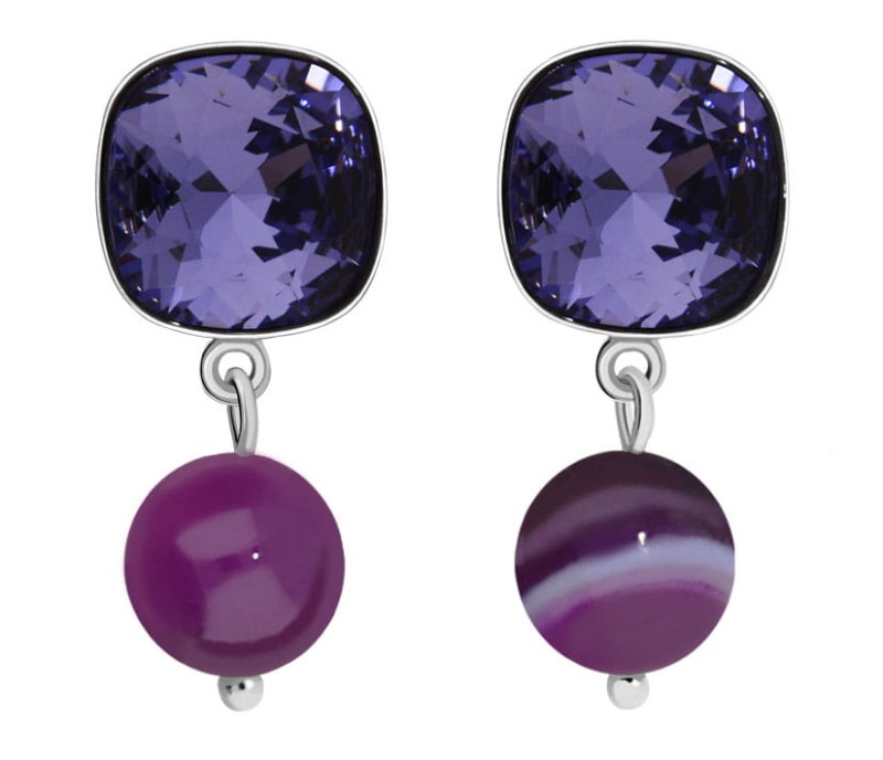 Fioletowe kolczyki z kwadratowym kryształem i naturalnym agatem, kryształ Swarovski ®, agat, srebro 925