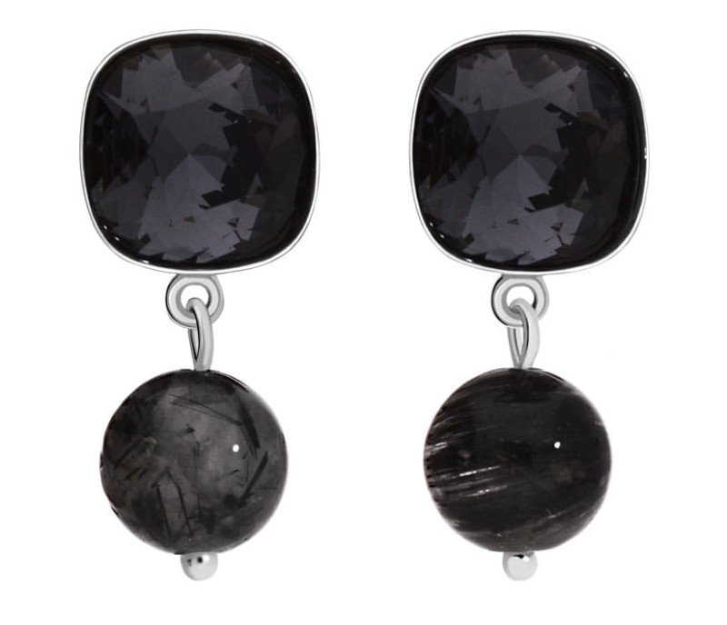 Czarne kolczyki z kwadratowym kryształem i naturalnym kwarcem, kryształ Swarovski ®, kwarc, srebro 925