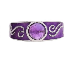Purple enamel ring with natural amethyst stone, silver 925