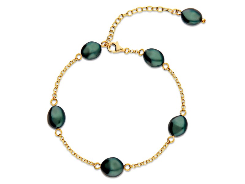 Bransoletka z ciemno zielonymi perełkami, pozłacane srebro 925
