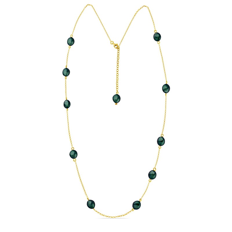 Długi naszyjnik z ciemno zielonymi perełkami, pozłacane srebro 925