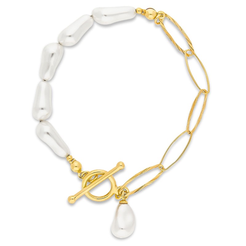 Bransoletka z białymi, nieregularnymi perełkami, pozłacane srebro 925