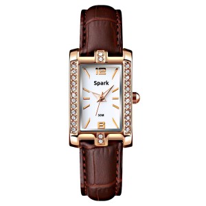 Zegarek Spark z białymi kryształami i brązowym skórzanym paskiem
