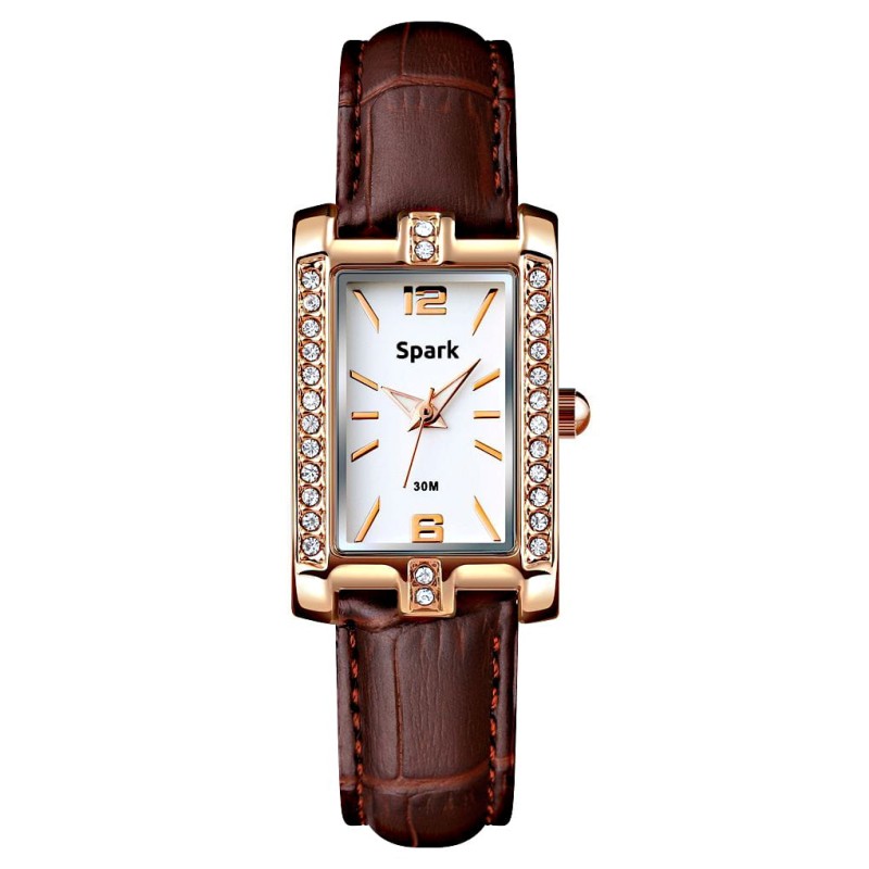 Zegarek Spark z białymi kryształami i brązowym skórzanym paskiem