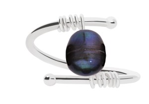 Silver ring with natural black iridescent, irregular freshwater pearl