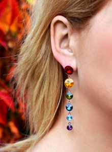 Długie wiszące wielokolorowe kolczyki – czerwony, zielony, niebieski, żółty, kryształy Swarovski®, srebro 925