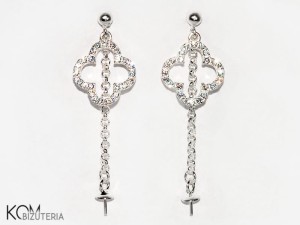 Srebrny kolczyk sztyft koniczyna, koniczynka na łańcuszku, ze szpilką do perełek, z cyrkoniami 45x13mm 215 (para)