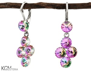 Różowe i zielone, mieniące się, wiszące kolczyki angielskie w kształcie rombu, srebro 925, kryształy Swarovski®