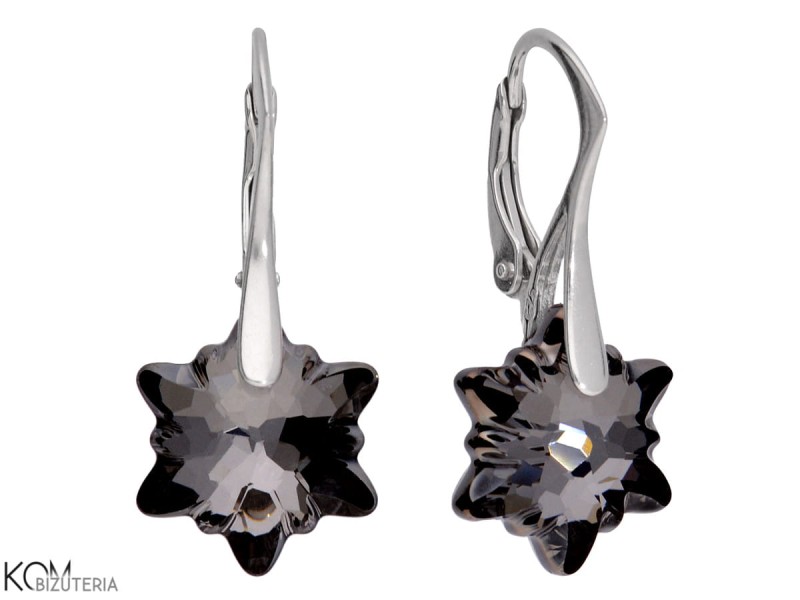 srebrne kolczyki z czarnymi kwiatkami, gwiazdkami Swarovski edelweiss