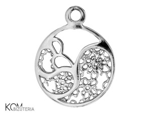 Srebrna ozdobna zawieszka, charm okrągła ażurowa 17x14mm w90