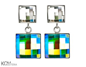 Opalizujące i białe wiszące kolczyki kwadrat, srebro 925, kryształy Swarovski®