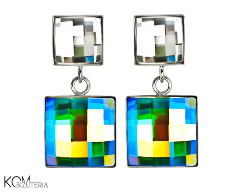 kolczyki swarovski kwadrat crystal ab aurore boreale chess srebro leverback wiszace krotkie.jpg