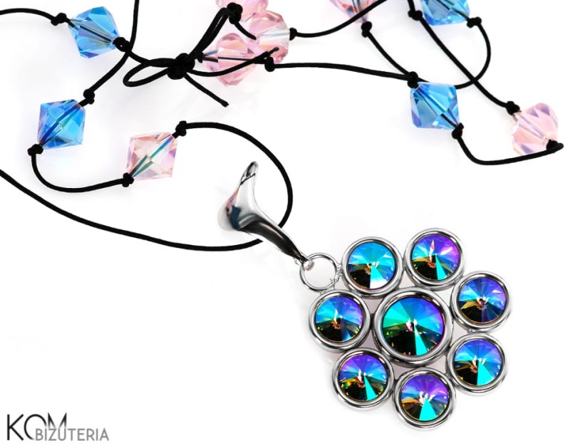 Zielono fioletowy długi naszyjnik kwiat na sznurku z koralikami, srebro 925, kryształy Swarovski®