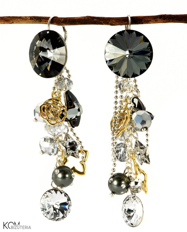 kolczyki bogate srebro zloto swarovski crystal silver night czarny szary butterfly star motyl gwiazda rivoli charm roza rose bead koraliki .jpg
