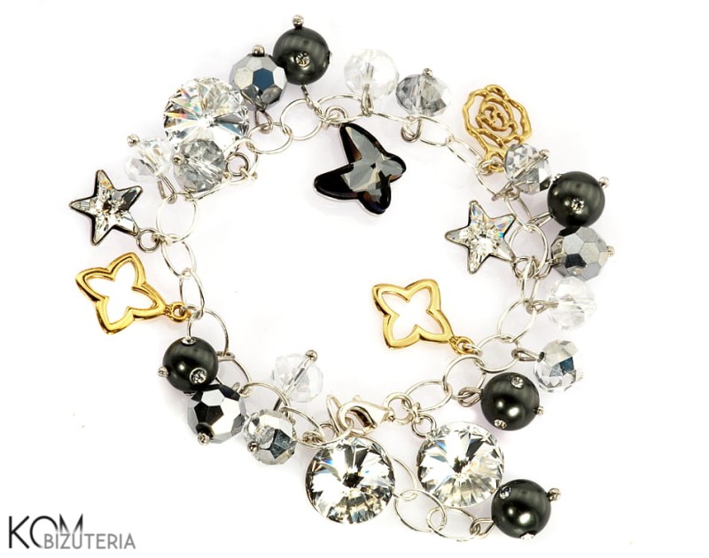 bransoletka bogata srebro zloto swarovski crystal butterfly star motyl gwiazda rivoli charm roza rose bead koraliki .jpg