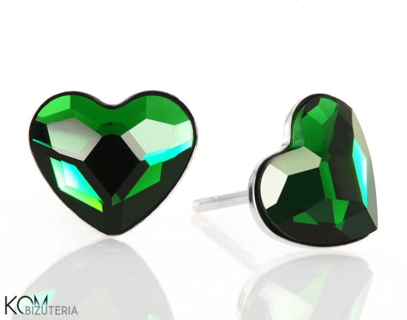 kolczyki sztyfty studs serce heart dark moss green zielen zielony swarovski srebro rodowane kom bizuteria.JPG