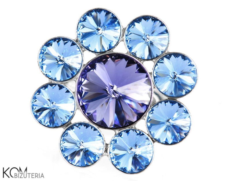 Niebieski pierścionek kwiat, regulowany, srebro 925, kryształy Swarovski®
