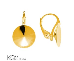 Pozłacany, srebrny bigiel angielski, kolczyk leverback z okrągłą, wklęsłą miseczką do kryształów rivoli 12mm kz43