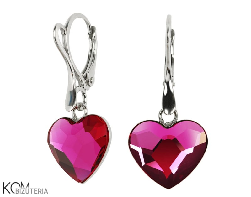 Różowe wiszące kolczyki duże serce, kryształ Swarovski®, srebro 925