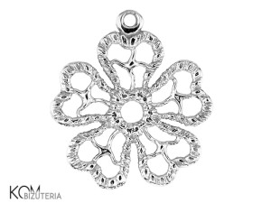 Rodowana, srebrna ozdobna zawieszka, charm kwiat, kwiatek ażurowy 21x19mm w88
