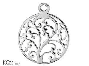Rodowana, srebrna ozdobna zawieszka, charm okrągła rośliny 20x16mm w89
