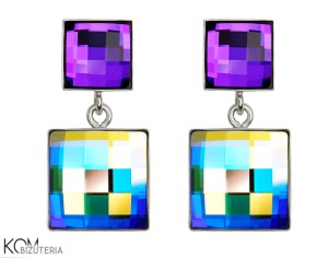 Wiszące, opalizujące i fioletowe kolczyki kwadrat, srebro 925, kryształy Swarovski®