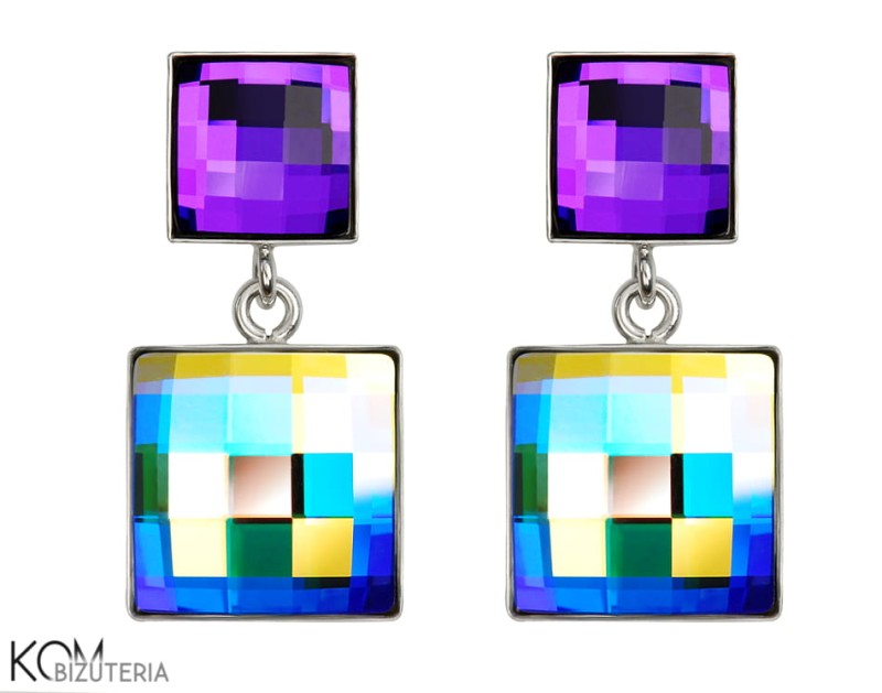 kolczyki swarovski sztyft kwadrat heliotrope fiolet purple rainbow crystal ab aurore boreale chess srebro wiszace krotkie.jpg