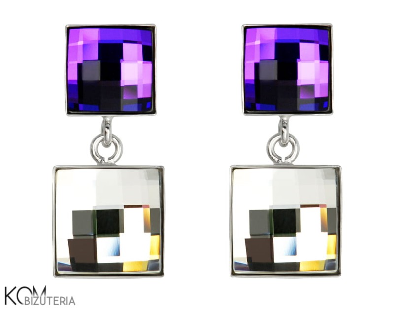 kolczyki swarovski sztyft kwadrat heliotrope fiolet purple crystal krysztal chess srebro wiszace krotkie.jpg